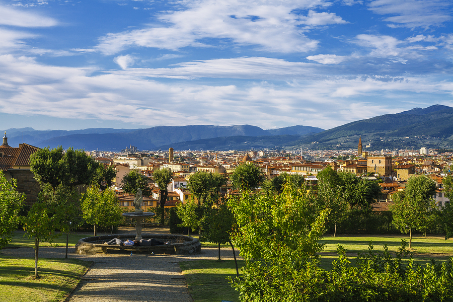 Overview of the city of Florence in the garden of Boboli stand the cathedral Santa Maria del Fiore the dome of Brunelleschi the Giotto tower and Palazzo Vecchio. September 2015