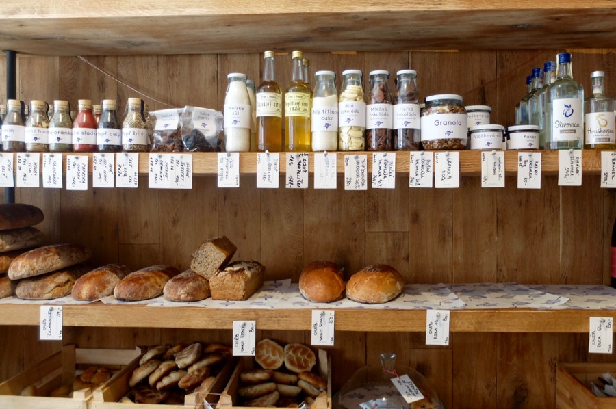 The picturesque shelving at Naše Maso, the prime spot for meat cooked on the spot. Try the pork and Czech piebald cattle beef